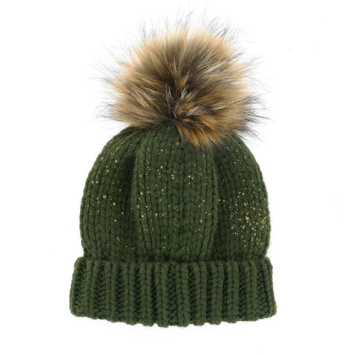 BONNET VERT METALLISE POMPON