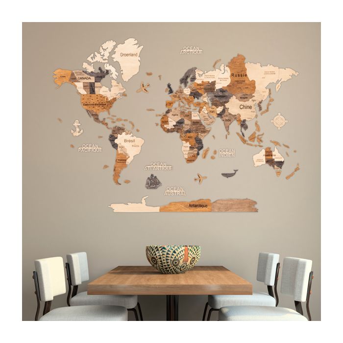 CARTE MONDE BOIS 3D 100x70