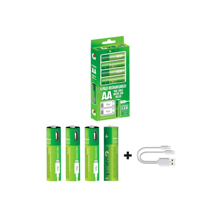 PACK DE 4 PILES AA RECHARGABLES USB