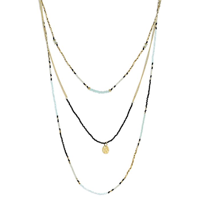 COLLIER 3 ETAGES NOIR BLEU OR