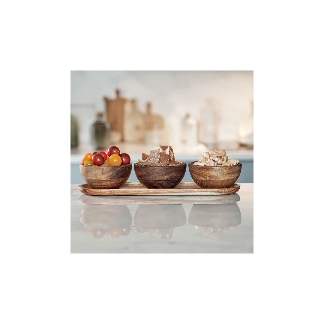 Porcelaine Bambou Kela Set Apéritif Kela Philipa - 3 Coupelles Virgules Porcelaine Plateau Bambou 26x10x4,5 Cm - Blanc - Lave-vaisselle Accessoire Apéritif Design